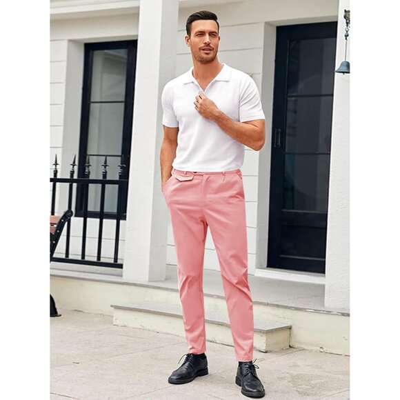 🆕 Men Pink Slim Fit Pants Flat Front Stretch Skinny Tapered Casual Trousers - Picture 5 of 6